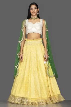 300463 Yellow & Off White Embroidered Lehenga with Green Net Dupatta