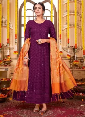 Beautiful Purple Color Long Gown With Orange Fancy Banarasi Jacquard Dupatta