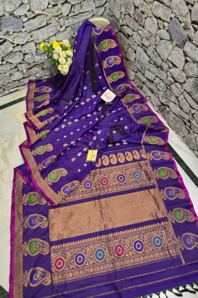 Brinjal Color Pure Gadwal with Golden & Silver Zari Buti and Meenakari Work