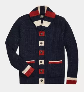 Double RL - Striped-Trim Cotton-Wool Cardigan - Dark Indigo Multi