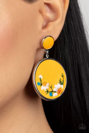 Embroidered Gardens Yellow Leather Floral Earrings