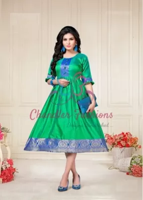 Emerald Green Color Aura Silk Kurti With Blue Border