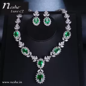 Green Oval CZ Flowers Link Party Jewelry Set