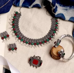 Kavya Multi colored Metallic Silver Oxidized Jewelry Gift Set