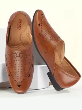 Men Tan Ethnic Wedding Party Laser Cut Perforated Design Slip On Juttis and Mojaris