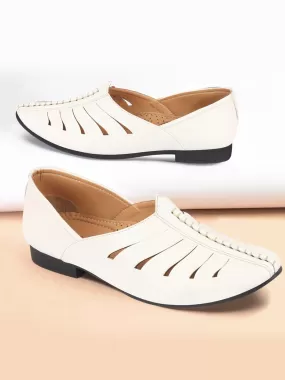 Men White Ethnic Wedding Party Laser Cut Design Slip On Juttis and Mojaris