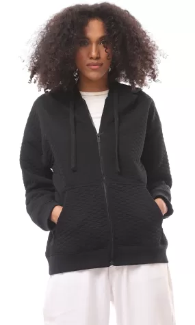 O175013 Self Stitched Front Zipper Black Sweatshirt