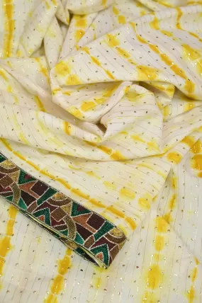 Offwhite and Yellow Color Cotton Chanderi Saree with Shibori Dye and Kathiyawadi Border