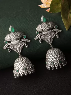 Rubans Oxidised Silver Toned Jhumka Earrings