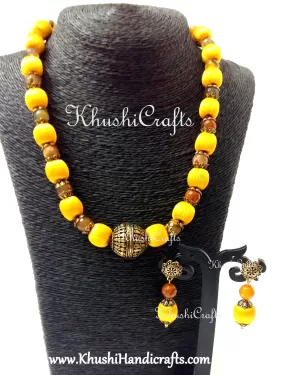 Yellow splendor silk beads ,quartz and german silver amalgamated neckpiece